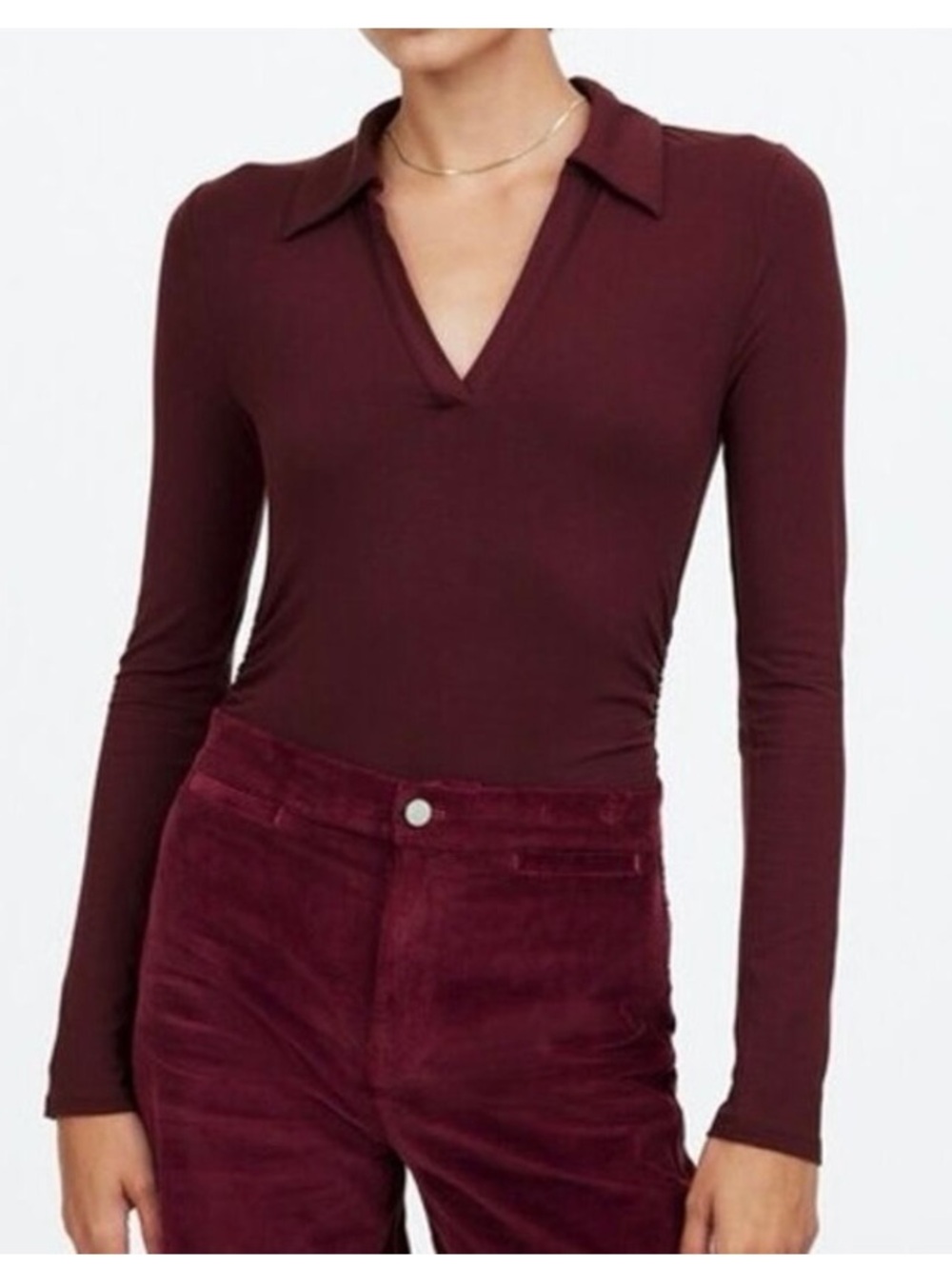 Madewell Long-Sleeve V-Neck Polo Top in Deep Burgundy Cinched